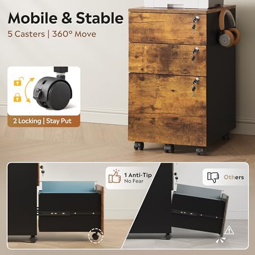 DEVAISE 3 Drawer File Cabinet with Individual Locks, Rustic Brown | Wood Filing Cabinet for Home Office, Mobile Printer Stand with Wheels