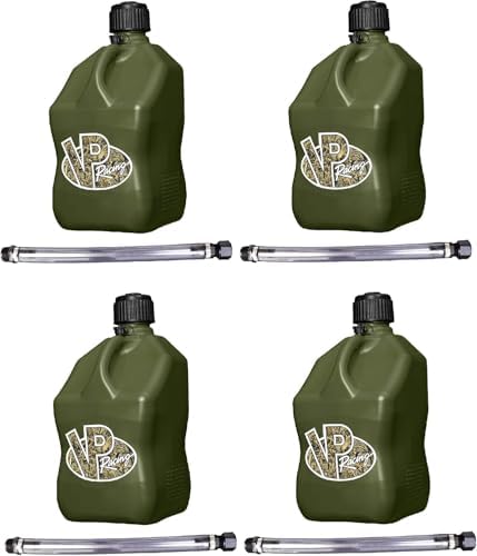 VP Racing 3842-CA 5.5 Gallon Square Motorsport Jug, Camo w/ 14' Standard Hose (4 Pack). Features A Close-Trimmed Cap and Neck For Tighter Seal.