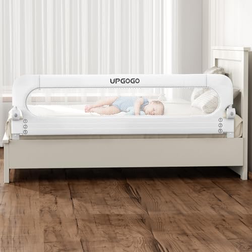 UPGOGO Folding Bed Rail for Toddlers, White, 71" L x 23.6" H | U-shaped base，Reinforced Anchors, Built-in Sponge , Secure lock
