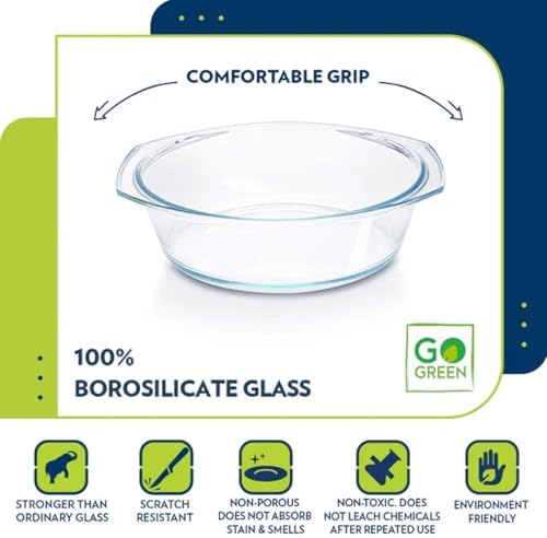 Borosil Glass Casserole - Oven and Microwave Safe Serving Bowl with Glass Lid, 2.5L