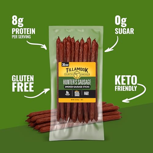 Tillamook Country Smoker Hunter’s Sausage Smoked Sausage, 16 Oz, 36 Ct, Bulk Pack, Real Hardwood Smoked Beef Meat Sticks, 8g Protein