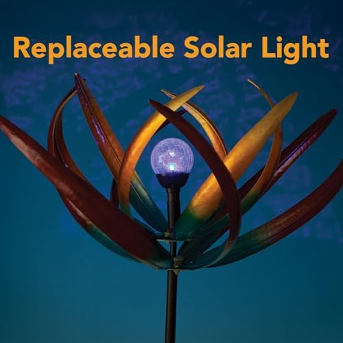 Bits and Pieces Tulip Wind Spinners Outdoor Solar Lighted Metal Wind Spinner, Large Kinetic Garden Sculptures, Crackle Glass Light