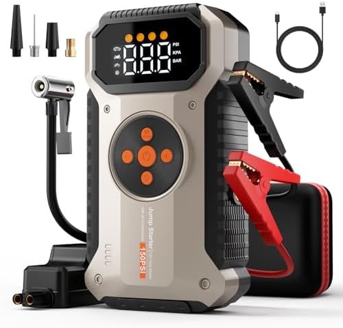 Car Battery Charger Jump Starter with Air Compressor, 4500A Jump Box for Car Battery Portable Jumper Cables with Battery Pack, 12V Jumpstart Combo 150PSI Tire Inflator Air Pump (8.5L Gas/7.0L Diesel)