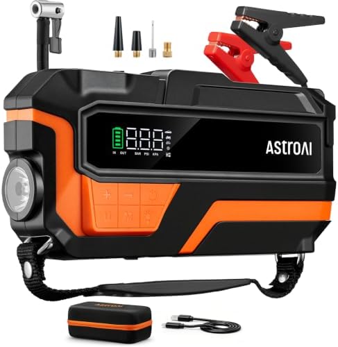 AstroAI S8 Air Jump Starter with Air Compressor, 3000A Peak Car Battery Jump Starter Portable (9.0 Gas/6.5L Diesel) with 150PSI Cordless Auto-Shutoff Tire Inflator, 12V Battery Charger Booster(Orange)