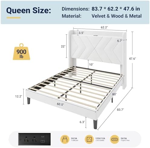 Allewie Full Size Platform Bed Frame with Charging Station and Storage Shelf/Upholstered Velvet Wingback Headboard/Wooden Slats Support/No Box Spring Needed/Easy Assembly, White