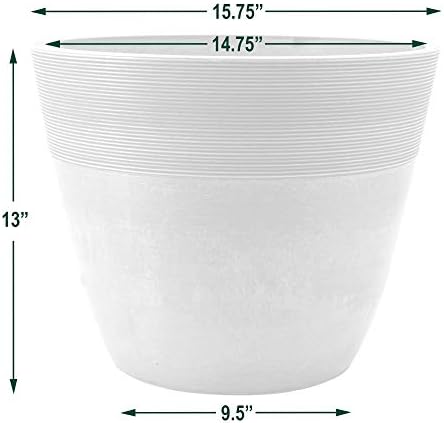PSW Pot Collection 12-inch Plastic/Stone/Wood Composite Large Ribbed Planter – No Drainage Hole (Drillable), Indoor/Outer Garden Pot for Foliage