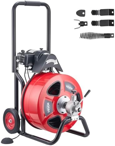 VEVOR Drain Cleaner Machine 75 FT x 3/8 Inch, Auto Feed Sewer Snake Auger on Wheels, Portable Drain Cleaning Machine with 4 Cutters & Air-activated Foot Switch for 2" to 4" Pipes
