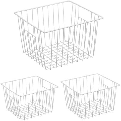 Freezer Organizer Bin, Kitchen Metal Wire Storage Basket, Pantry Cupboard Household Container Divider with Handles, Bathroom, Closet, Bedroom, Office