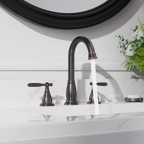 2-Handle 8 Inch 3 Hole Oil Rubbed Bronze Widespread Bathroom Faucets, with Valve and Metal Pop-Up Drain, WF017-4-ORB