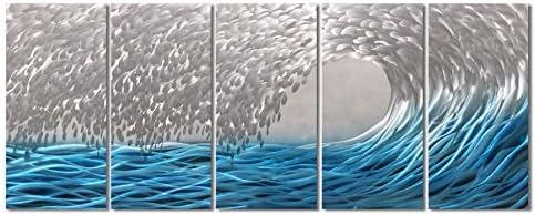 Yihui Arts Handcrafted 3D Metal Wall Art - Ocean Wave Sculpture, 5 - Panel Aluminum Decor for Living Room, Bedroom & Office