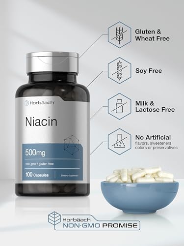 Horbäach Niacin | Vitamin B3 500mg | 100 Capsules | with Flushing | Non-GMO, and Gluten Free Supplement