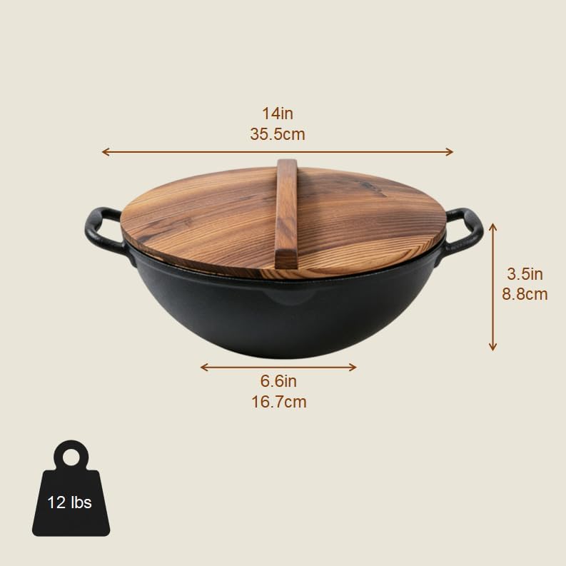 Flat Bottom Cast Iron Wok with Lid 14 Inch,Pre-Seasoned Non Toxic Cast Iron Kadai,Chinese Japanese Wok double handle for Induction and Open Fire