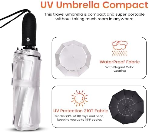 Premium UV Travel Umbrella Compact Windproof & Waterproof Umbrella for Walking | 9-Rib Fiberglass Frame, Heavy Duty Design, Auto Open/Close
