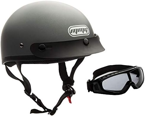 MMG Adult Half Shell Helmet, Motorcycle/Scooter/Moped, Matte Gray, Medium | Lightweight Polycarbonate/ABS half shell, goggles included. Padded washable liner, double D-ring strap. DOT FMVSS-218.