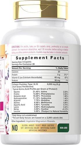 Carlyle Collagen Peptides with Vitamin C | 6000mg | 120 Caplets | Grass Fed Type I & III | Beauty Formula | Non-GMO, Gluten Free Supplement