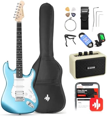 Donner 39-Inch Electric Guitar Starter Kit with Solid Body, HSS Pickup, Accessories, Amplifier, Lessons, and Digital Tuner - Red
