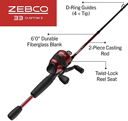 Zebco 33 Custom-Z Spincast Reel and 2-Piece Fishing Rod Combo, 6-Foot Fiberglass Rod with Split-Grip EVA Handle