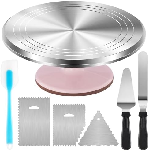 Kootek Aluminum Cake Stand Turntable Set for Decorating Baking Kit, 12" | Beginner-friendly, Baking Supplies Tools with Cake Stand Turntable for Decorating and Display, 2 Spatulas, 3 Icing Scrapers