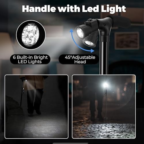 Walking Cane for Men Women: Ohuhu Walking Canes with LED Light Folding Walking Stick Adjustable Free Standing Canes with Wrist Strap Travel Bag for Seniors Adults