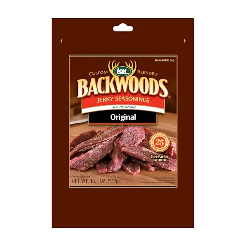 LEM Products Backwoods Reduced Sodium Original Jerky Seasoning, 18.3 oz | Pre-Measured Seasoning and Cure for Wild Game and Domestic Meat