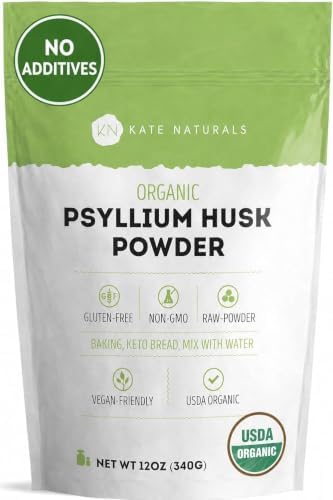 Kate Naturals Psyllium Husk Powder for Fiber and Baking Bread, 12oz | Organic, Gluten Free, Fine Ground, For Digestion, Mixes Easily with Juice & Smoothies