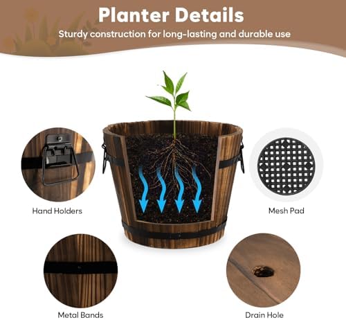 Wooden Barrel Planters, 8 inch 7 inch Plant Pot with Drainage Holes for Indoor Plants Decor, Set of 2