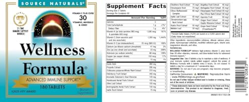 Source Naturals Wellness Formula, Advanced Immune Support* - 180 Tablets | Bio-Aligned Vitamins & Herbal Defense with Vitamin C Plus 30 other Vitamins, Minerals & Herbs for Immune System Support*