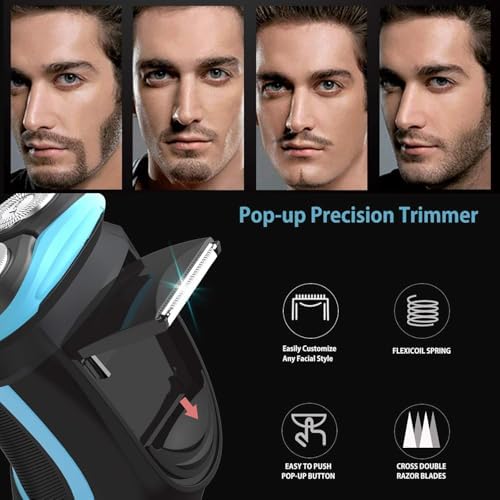 Men's Electric Shaver - MAX-T Corded and Cordless Rechargeable 3D Rotary Shaver Razor for Men with Pop-up Sideburn Trimmer Wet and Dry, IPX7 Waterproof, Plug & Play