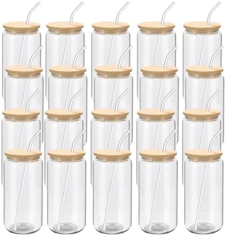 YOUKE OLA 20 Pack Glass Cups with Bamboo Lids and Glass Straw 16oz Beer Can Shaped Drinking Glasses Cups, Glass Tumbler Reusable Cute Cups for Whiskey