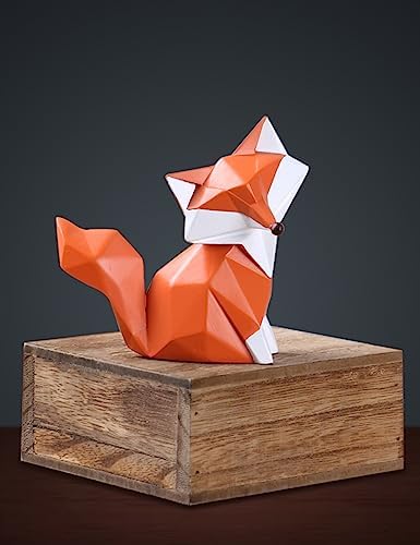 HAUCOZE Fox Statue Figurine Animal Sculpture Modern Home Decor 4.0 Inch | Orange Resin Geometric Art Birthday Holiday Gift Handmade Ornament for