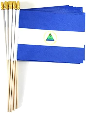 QQSD Nicaragua Small Flag Nicaraguan Stick Mini Hand Held Flags - Solid Wooden Pole with Spear Top, 12 Pack
