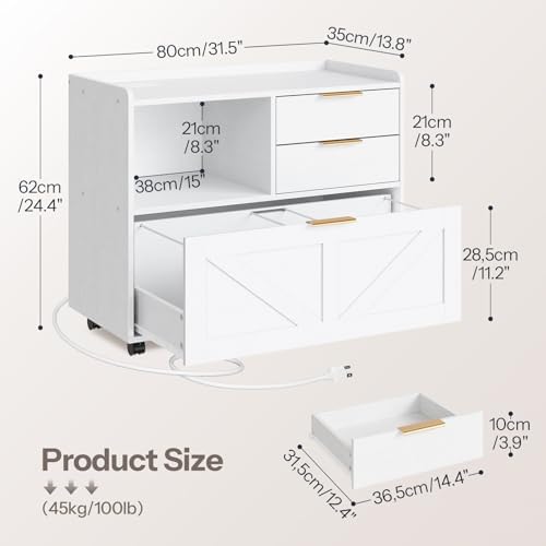 HOOBRO Lateral File Cabinet, Wooden Office Storage Drawers with Charging Station, Filing Cabinet for Home Office, A4/Letter/Legal-Sized Files, Printer Stand with Open Storage Spaces, White WT37UWJ01
