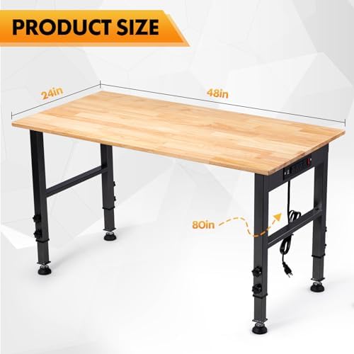 48" Adjustable Workbench, Work Table with Wheels and Power Outlet | 2000LBS Load Capacity Rubber Wood Top Workstation, Heavy-Duty Craft Table for Garage Workshop