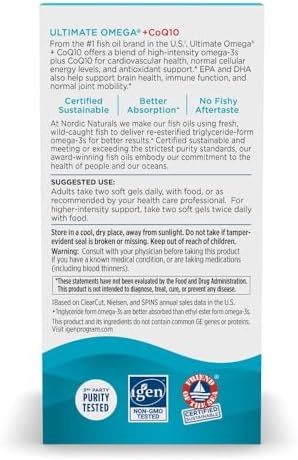 Nordic Naturals Ultimate Omega + CoQ10, Lemon - 60 Soft Gels - 1280 mg Omega-3 + 100 mg CoQ10 - Heart Health, Cellular Energy, Antioxidant Support - Non-GMO - 30 Servings