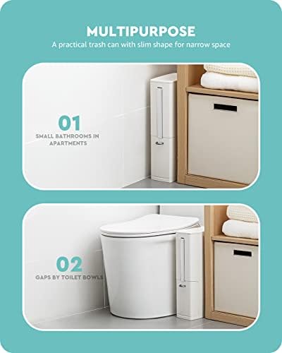 Baffect 2 Liter White Slim Bathroom Trash Can with Lid and Toilet Brush Holder | RV Small Bathroom Trash Bin With Hidden Long Handle Toilet Rim Brush