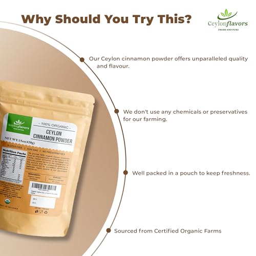 Organic Ceylon Cinnamon Powder, 15 oz, True Cinnamon, Premium Grade, Harvested & Packed from a USDA Certified Organic Farm in Sri Lanka