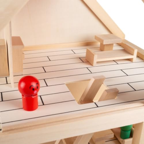 Hey Play Dollhouse for Kids, 15.75” x 11.5” x 15” | Classic Pretend Play 2 Story Wood Playset with Furniture Accessories and Dolls for Toddlers