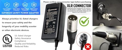 T POWER 24V 2A GoGo Mobility Scooter Charger – Quick 3-Pin XLR Battery Charger for Pride Go-Go, Jazzy Power Chair, ShopRider, Drive Medical