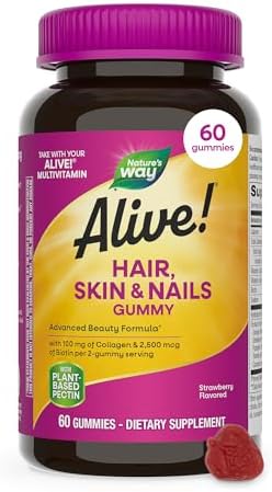 Nature's Way Alive! Hair, Skin & Nails Gummies with Collagen & Biotin,60 ct | Advanced Beauty Formula Supplement with Antioxidant Vitamins C & E*, 100 mg Collagen, 2,500 mcg Biotin, Strawberry Gummy