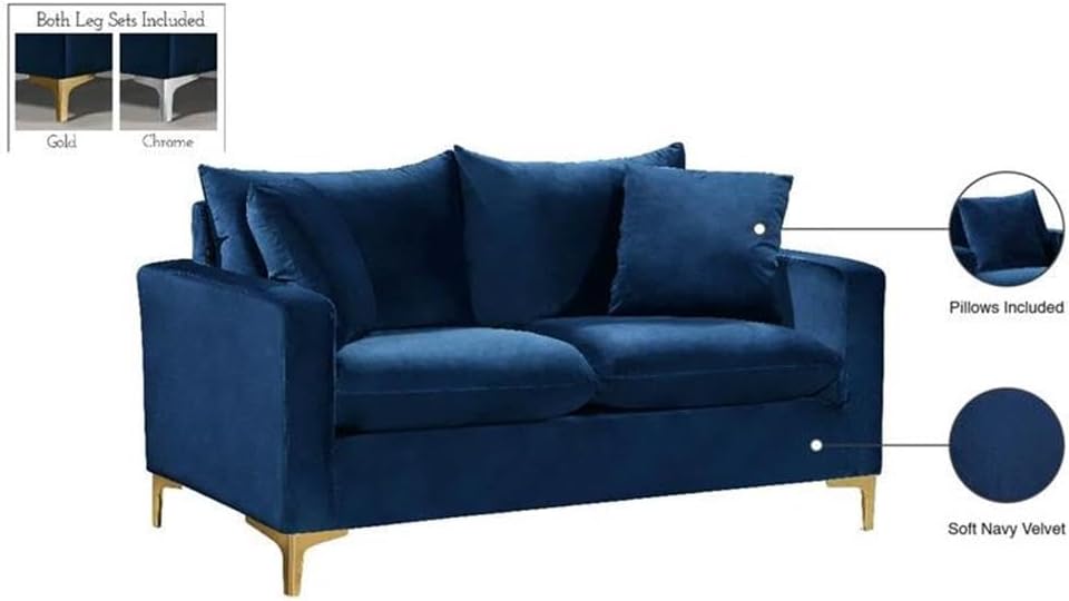 Meridian Furniture Naomi Collection Modern | Contemporary Grey Velvet Upholstered Loveseat with Stainless Steel Base in a Rich Gold or Chrome Finish, 633Grey-L