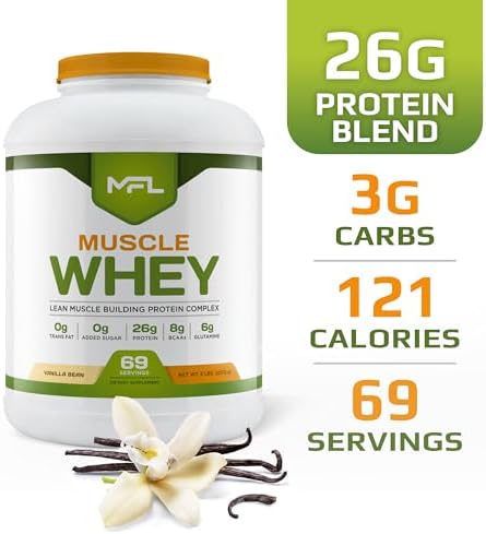 MFL Muscle Whey Protein l 28g of Protein l 8g BCAAs l Keto Friendly l Low Carbs l 5 lbs. (Vanilla Bean)