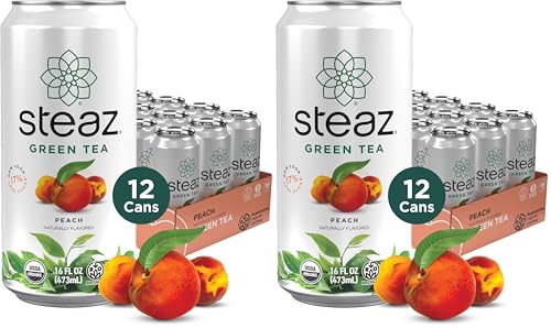 Steaz - Organic Green Tea - Peach (12 Pack) - 30mg Natural Caffeine, 70 Calories,Cane Sugar - Sweetened Iced Tea - Regenerative Organic Certified®️ - Vegan, Direct Trade - 12 Cans, 16 fl oz