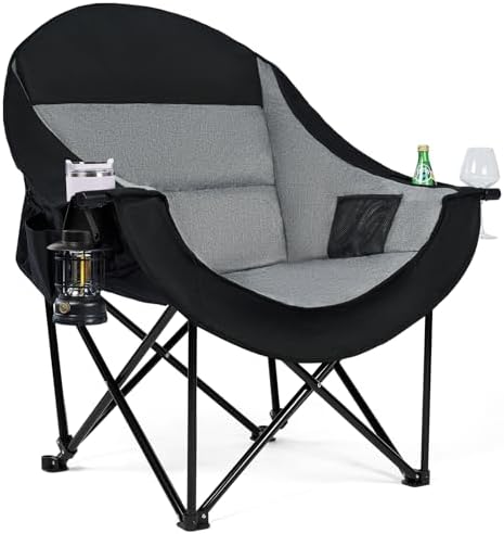 Oversized Camping Chairs for Adult - Heavy Duty Padded Portable Folding Chair XL Collapsible Camp Chair with Cup Holder Side Pocket for Outdoor Lawn Beach Sport Fishing Support 500LBS, Grey