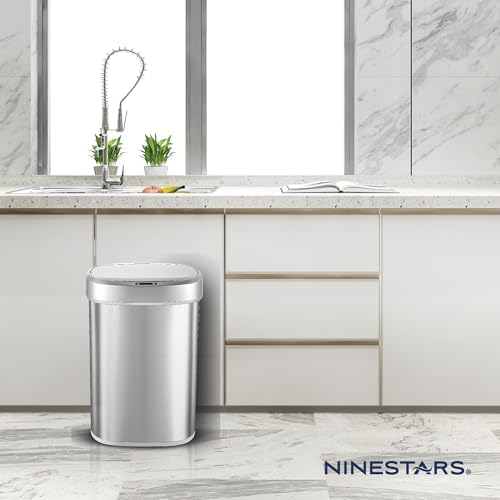 Ninestars 13 Gallon Oval Automatic Trash Can, 50L Touchless Motion Sensor Kitchen Garbage Can with Odor-Sealing Lid, Silver Stainless Steel