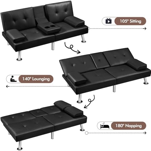 Yaheetech Convertible Futon Sofa Bed Loveseat with Cup Holder, Black