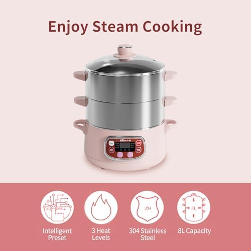 Bear Electric Multifunctional Food Steamer, One Touch Digital Steamer with Timer, Vegetable Steamer 2 Tiered Stackable Stainless Steel Baskets