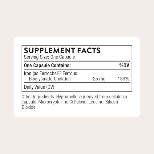 THORNE Iron Bisglycinate, 25 mg Iron Supplement, 60 Capsules | Enhanced Absorption Without Gastrointestinal Side Effects*, Chelated Iron Capsules
