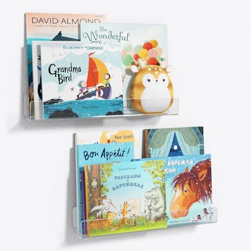 NIUBEE 24”Acrylic Floating Bookshelves for Kids Wall Shelves 2 Packs | Premium Acrylic 50% Thicker with Screwdriver Clear Bathroom Extra-Large Storage Shelves Display Organizer