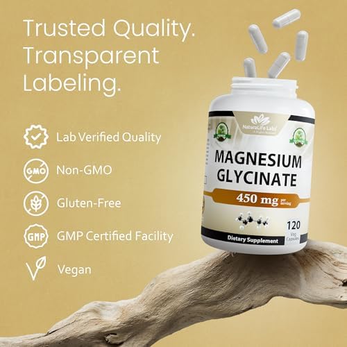 NaturaLife Labs Magnesium Glycinate - 450 mg per Serving – 120 Vegan Capsules - Non-GMO, Gluten-Free, Vegan