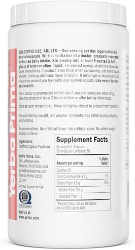 Yerba Prima Organic Psyllium Whole Husks 12 oz - Natural Dietary Fiber Supplement, Non GMO, Gluten Free, Keto and Vegan Friendly for Regularity Support, Unflavored